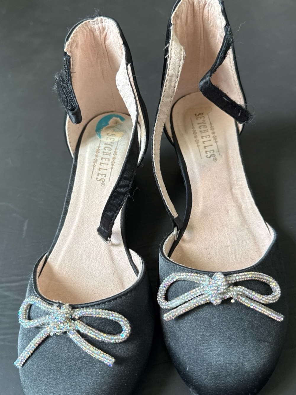 Seychelles girl’s Black Satin Ankle-Strap Bow Pumps